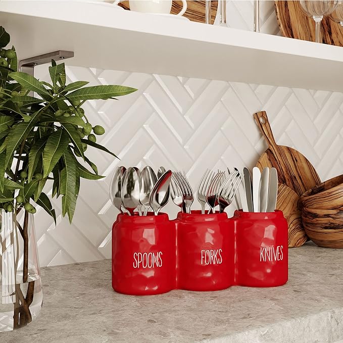 Barnyard Designs Silverware Caddy for Countertop - Cutlery Organizer for Spoon, Fork, and Knife - Ceramic Utensil Holder for Flatware or Plasticware - Perfect for Parties - 12.5” x 4.25” x 5” (Red)