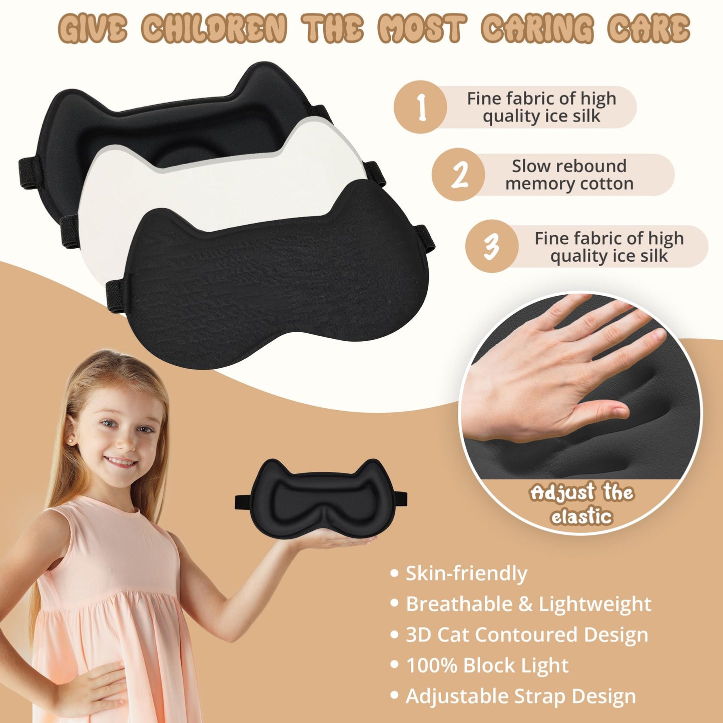 Kids Sleep Mask Eye Mask: 3D Contoured Cup Sleeping Masks, Blindfold with Adjustable Strap, Kids Eye Cover for Boys, Girls, Teens, Pressure-Free with Memory Foam Face Mask for Sleeping (Black)