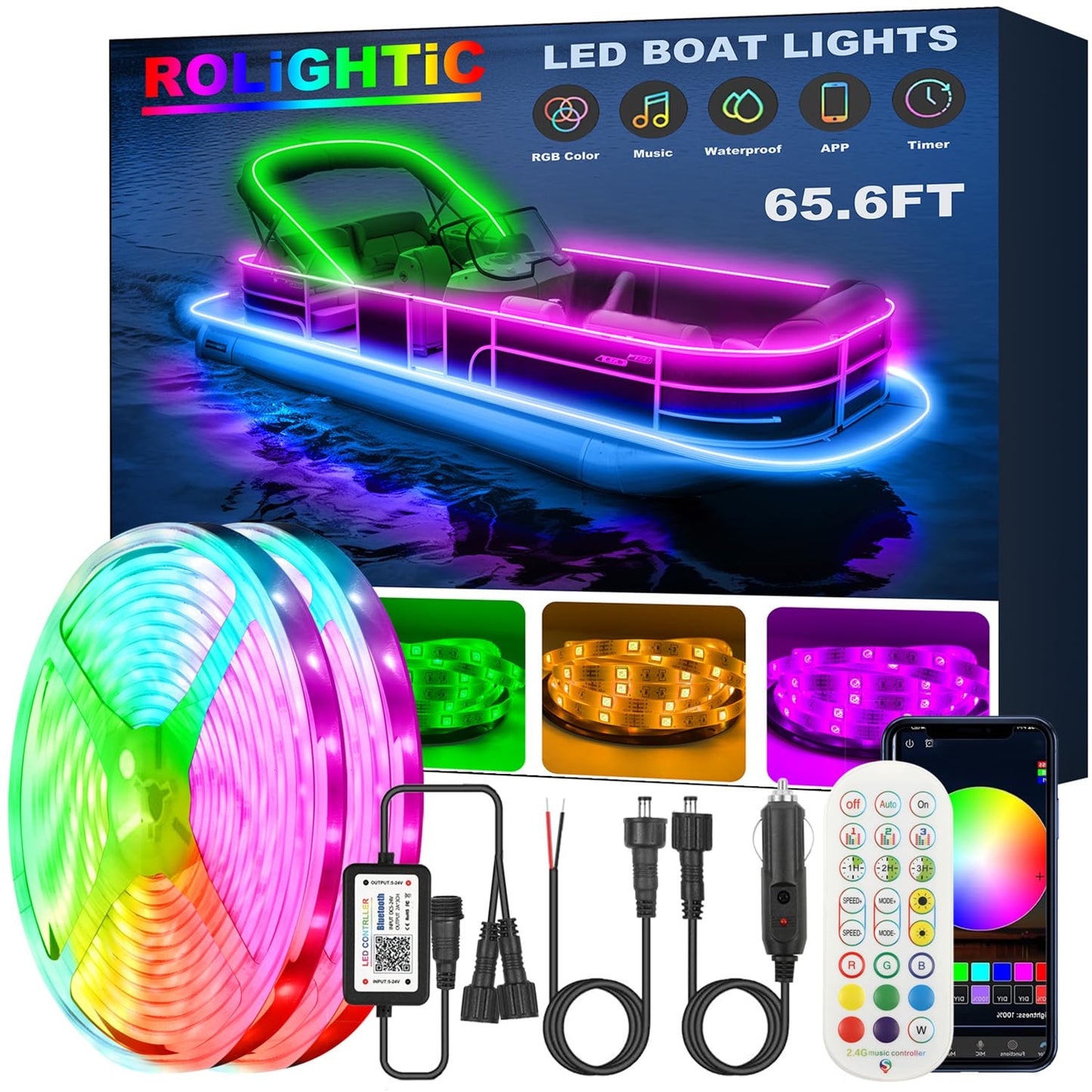 Rolightic 65.6Ft Led Boat Lights  12V App Rf Remote Control Pontoon Boat Lights  Ip66 Waterproof Rgb Marine Strip Lights  Boat Interior Light  Boat Deck Light For Bass Boat  Fishing Boat  Yacht
