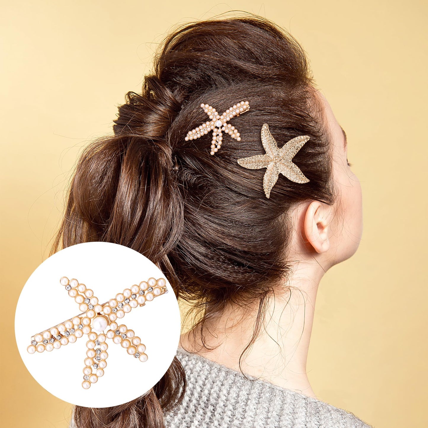 PAGOW 3 PCS Starfish Hair Clips, 3 Styles Gold Rhinestone Pearls Hair Clips, Faux Pearl Crystal Sea Star Wedding Headpiece Hair