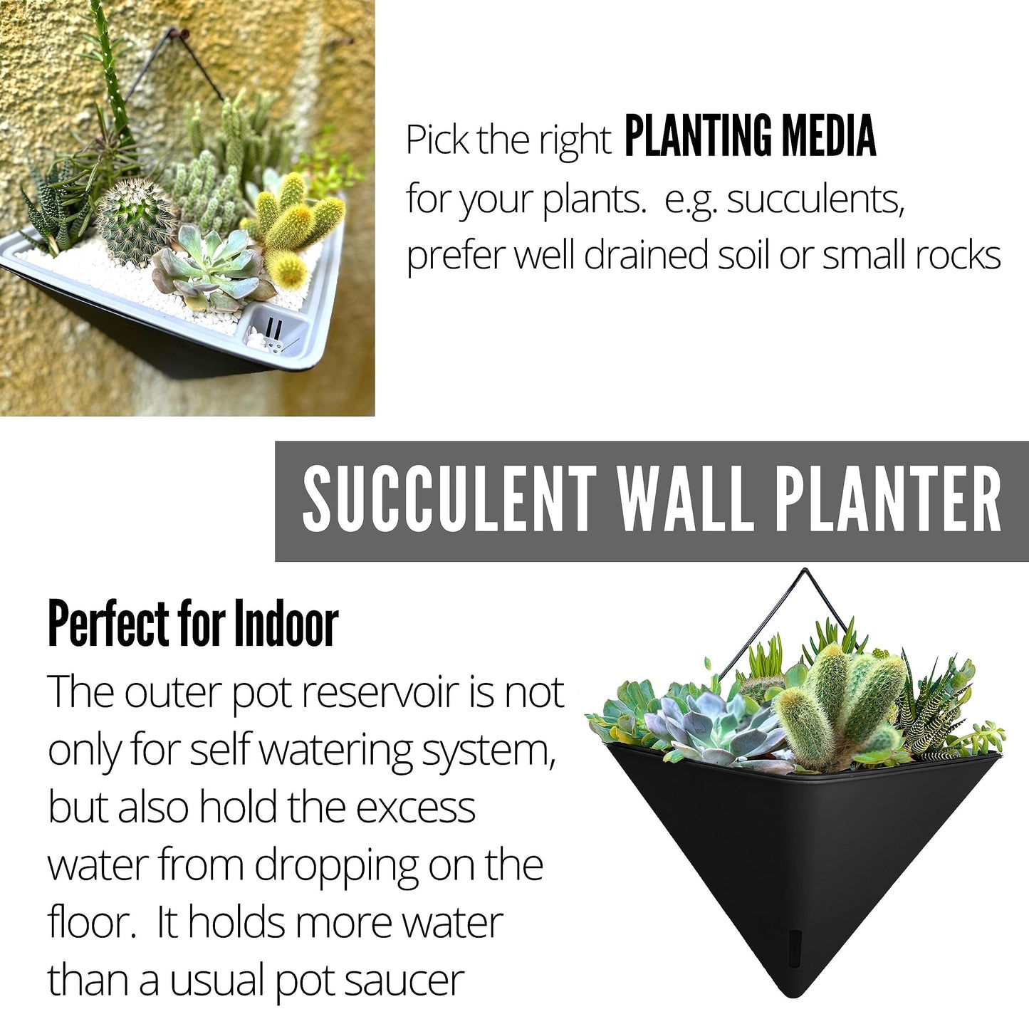 LaLaGreen Bundle - 12" x 2 Pack Black + 12" x 2 Pack White Large Self Watering Geometric Hanging Flower Vase Vessel with Metal Hanger, Modern Stylish Wall Mounted Succulent Pot Holder Decor