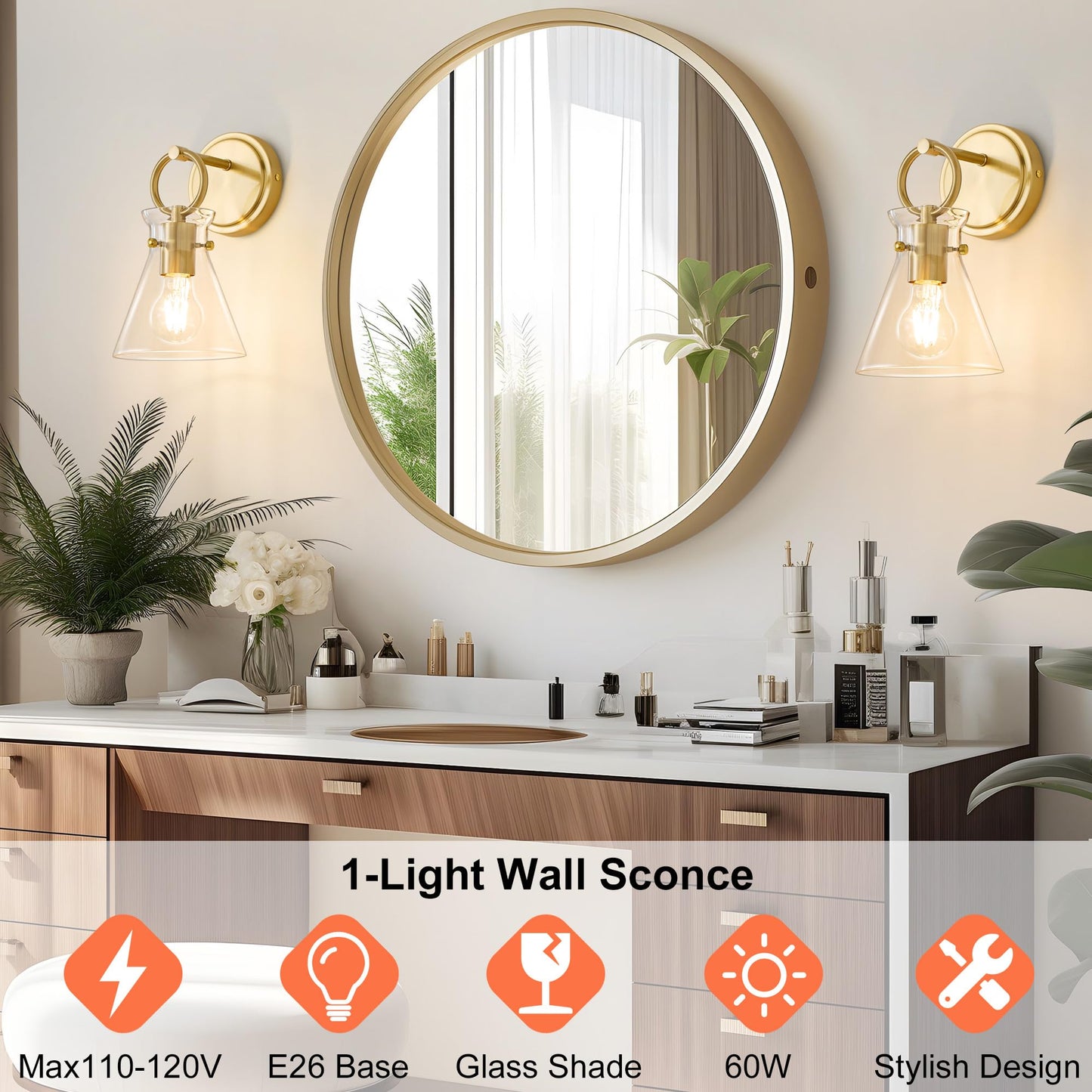 Gold Wall Sconce 1-Light Hardwired Wall Mount Modern Farmhouse Vanity Light Fixtures With 6 Inch Clear Glass Shade  Wall Lights For Bathroom  Bedroom  Living Room  Mirror  Kitchen  Lighting Lamp