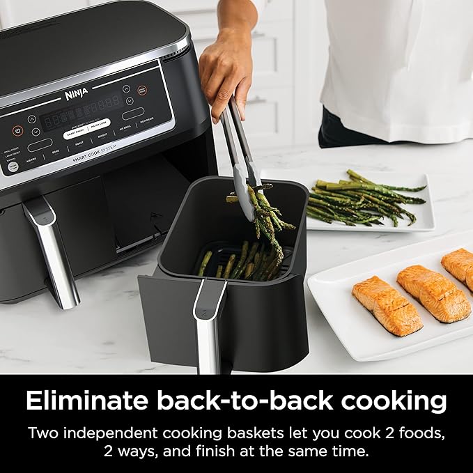 Ninja DZ550 Foodi 10 Quart 6-in-1 DualZone Smart XL Air Fryer with 2 Independent Baskets, Thermometer for Perfect Doneness, Match Cook & Smart Finish to Roast, Dehydrate & More, Grey