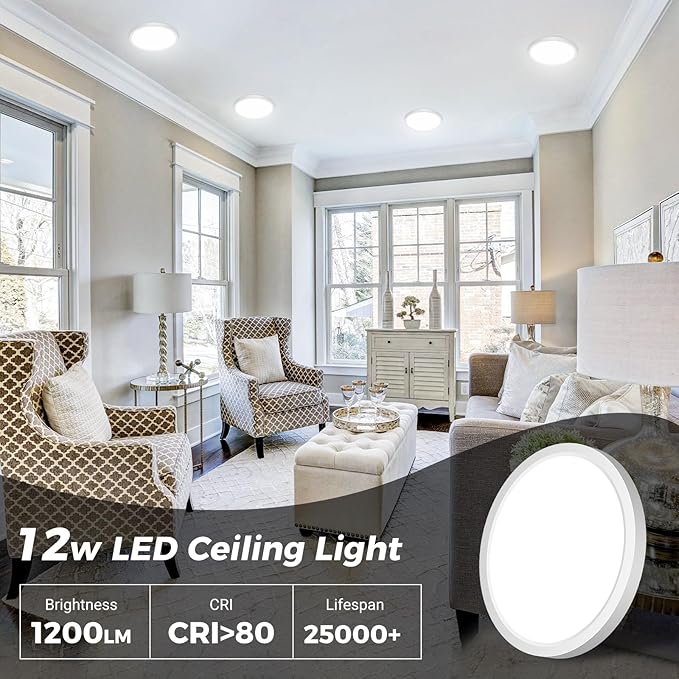 slochi LED Flush Mount Ceiling Light Fixtures, 3000K-4000K-6500K Modern Flat Recessed Ceiling Lamp, 12W 1200LM Round Ceiling Light for Kitchen Bedroom Hallway Porch, White, 1 Pack 6.5 Inch