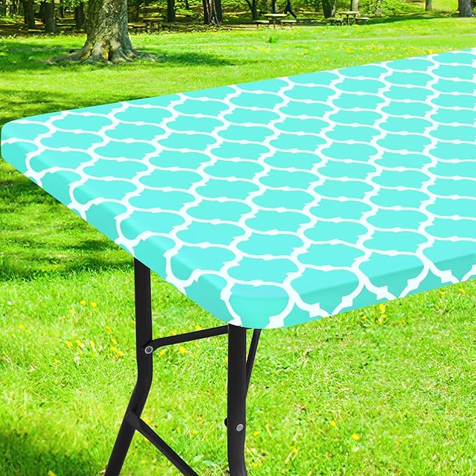 Smiry Rectangle Picnic Table Cover, Waterproof Elastic Fitted Camping Tablecloths for 6 Foot Tables, Wipeable Flannel Backed Vinyl Tablecloth Protector for Indoor, Outdoor (Teal, 30x72 Inches)