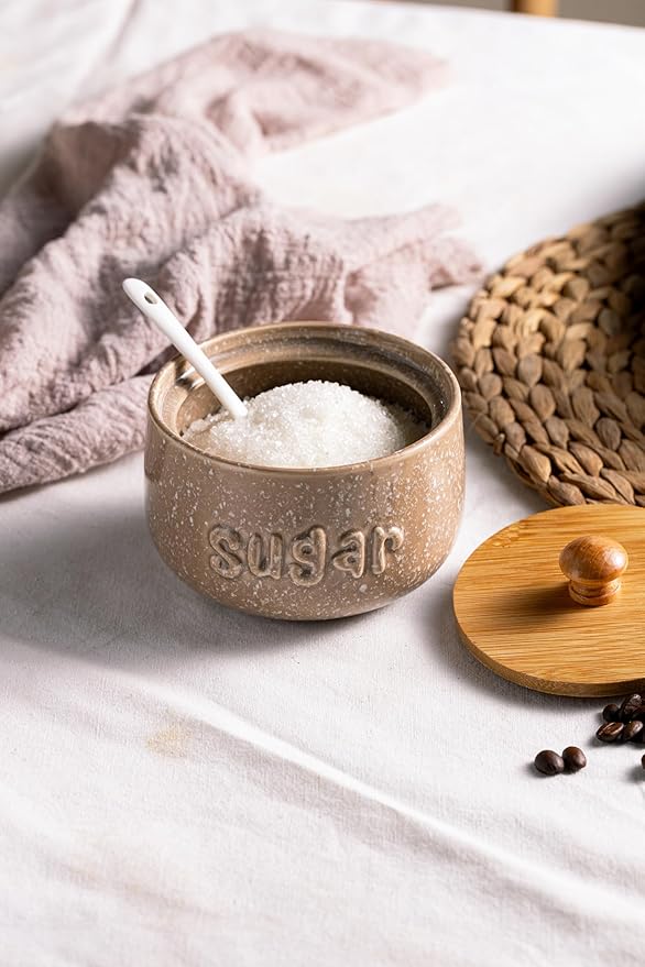 LYEOBOH Sugar Bowl with Lid and Spoon,17 OZ Cute Sugar Jar Container for Countertop, Ceramic Sugar Holder for Coffee Bar, Azucarera for Farmhouse, Rustic Home and Kitchen, Speckled Khaki