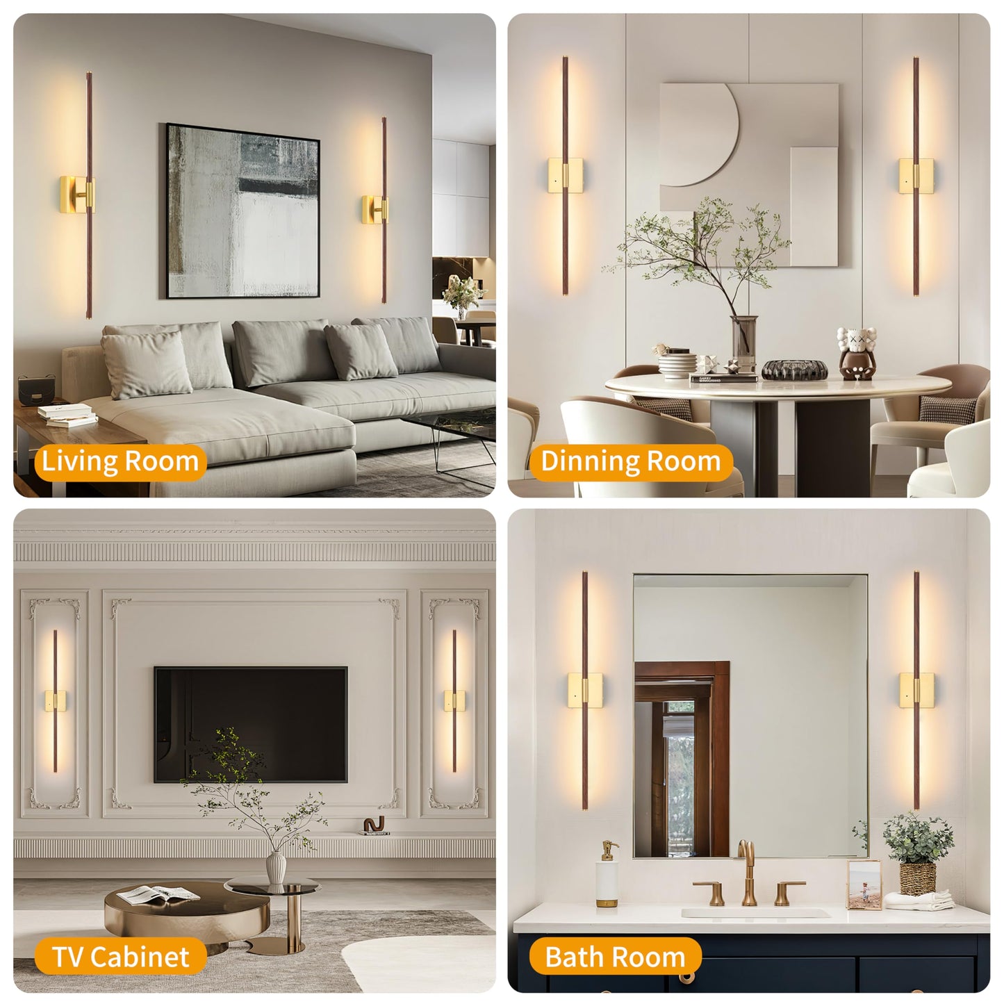 Morauroral 40in Walnut Gold Dimmable Battery Operated Wall Sconces with Remote Control, LED Wireless Lighting, Model 7812