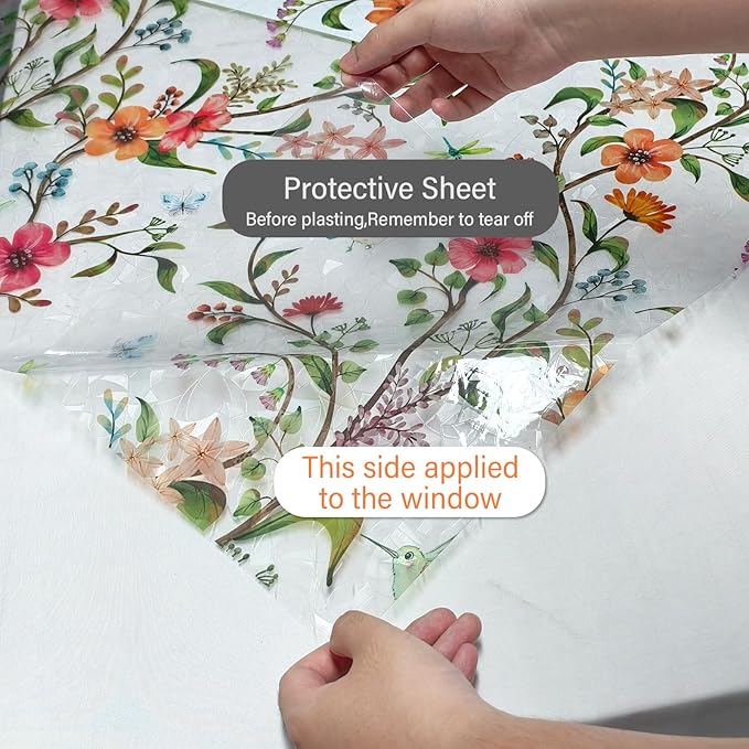 Finnez Stained Glass Window Film with Floral Pattern, Crescent Base and Rainbow Effect, Decorative Static Cling No Glue No Residue 17.5 x 157.4 Inches