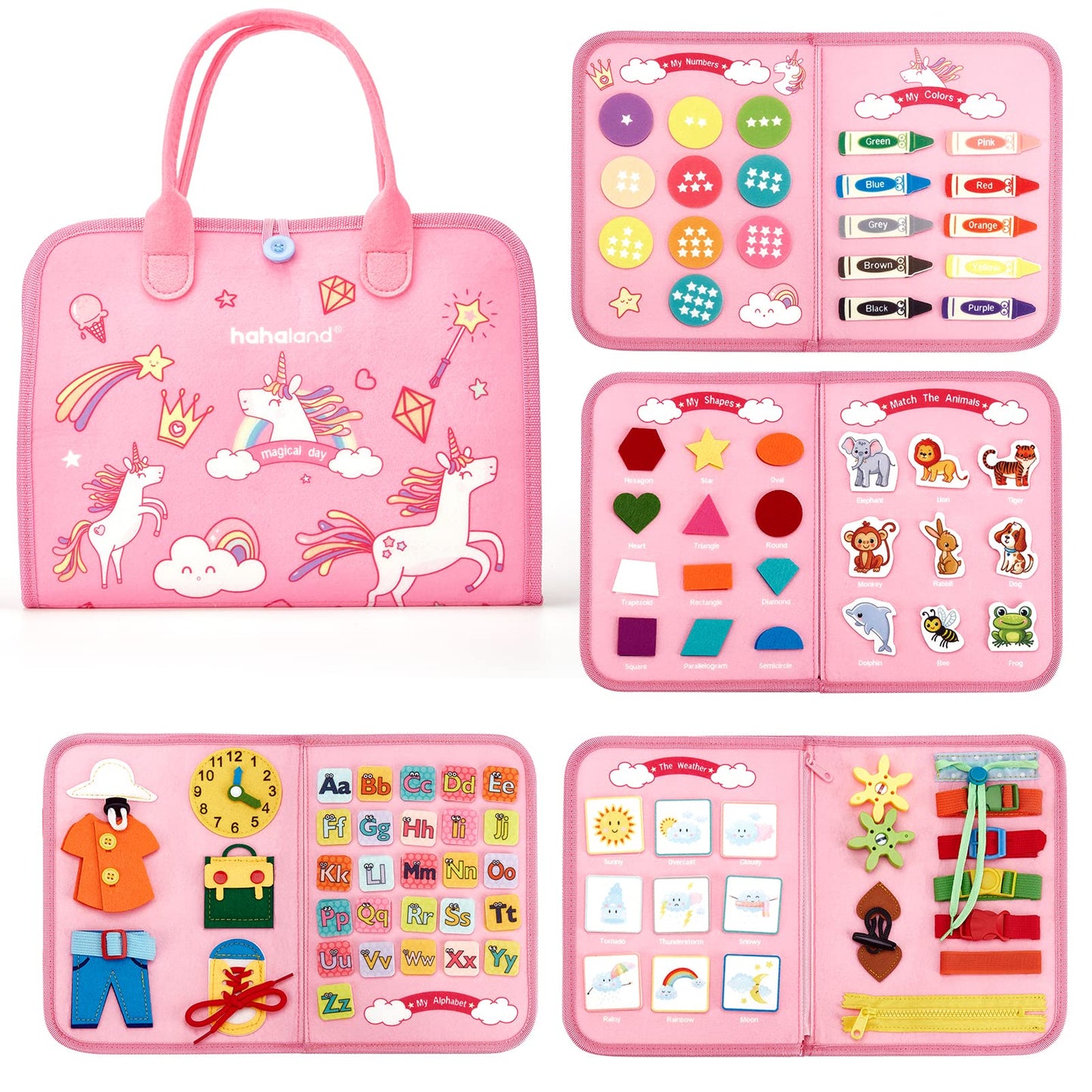 hahaland Toddler Busy Board Montessori Toys, 3 Year Old Girl Gifts Preschool Educational Learning Toys with Life Skills, Alphabet, Number, Shape, Color, Toddler Girl Stocking Stuffers Travel Busy Book