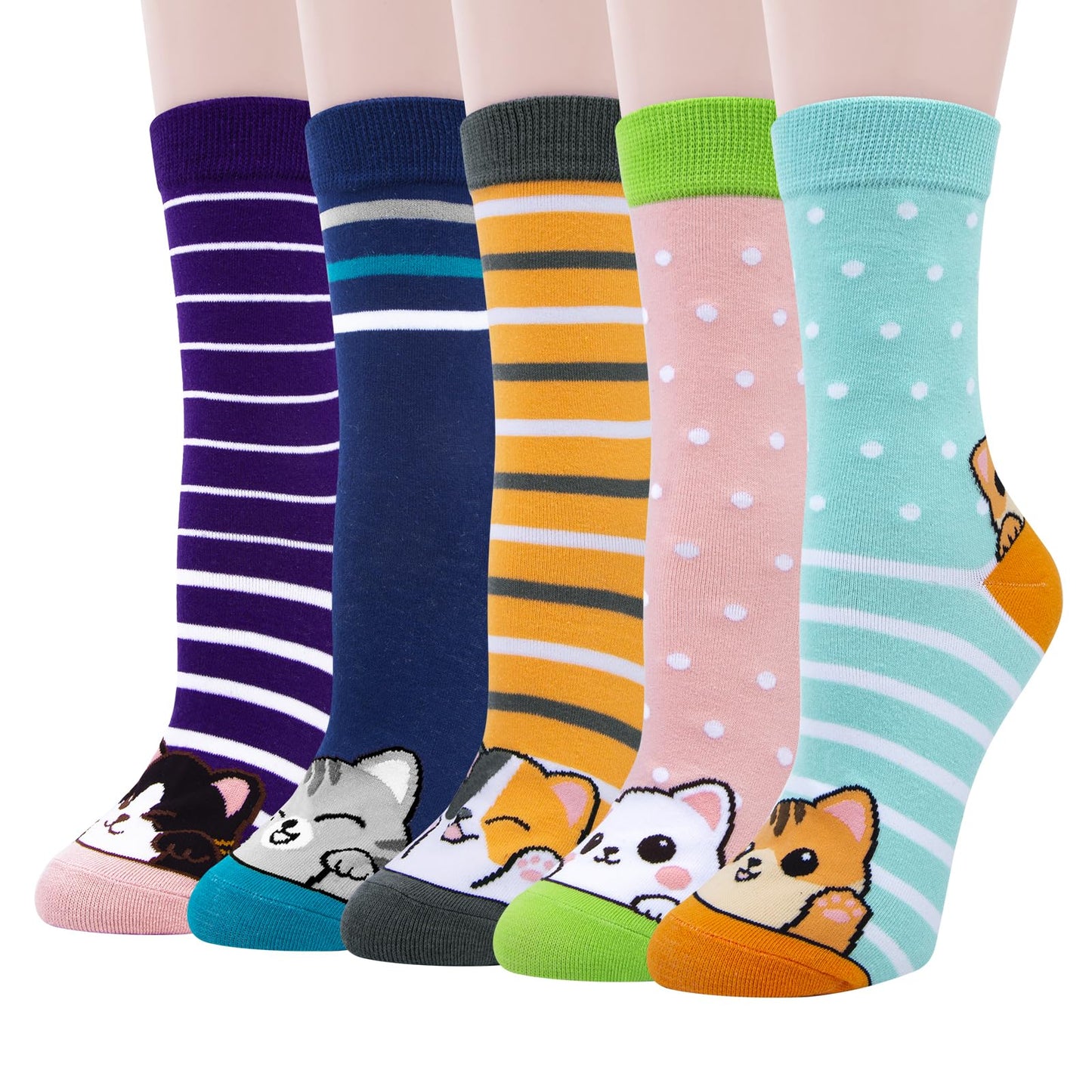 5 Pairs Womens Socks Funny Dog Socks Compatible with Chalier Cute Animal Ladies Sock Gifts for Women,One Size,Striped Cat