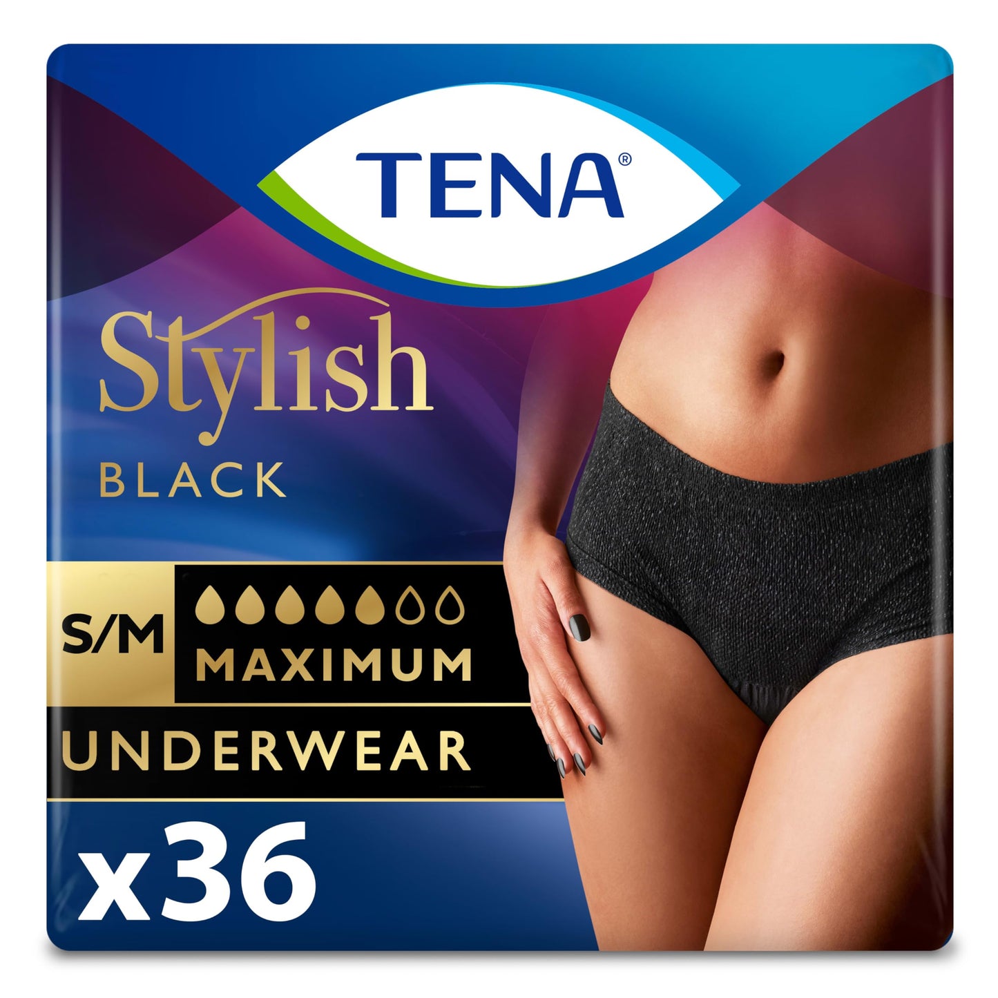 Tena Stylish Black Incontinence Underwear for Women, Maximum Absorbency, Small/Medium, 36 ct (2 Packs of 18)