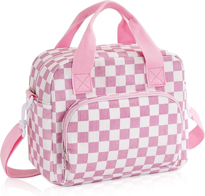 Large Lunch Bag for Women Insulated Lunch Box Reusable Cooler Bag Portable Cute Corduroy Leakproof Tote Bags for Travel, Work, and Picnic, Pink and White