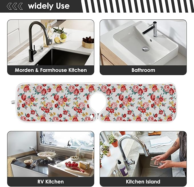 Kitchen Faucet Absorbent Mat,Rose Floral Flower Water Splash Guard for Sink, Faucet Drip Catcher Thicken Sponge Microfiber Faucet Water Catcher Mat Sink Absorbent Mat for Kitchen 23x5in 2Pack