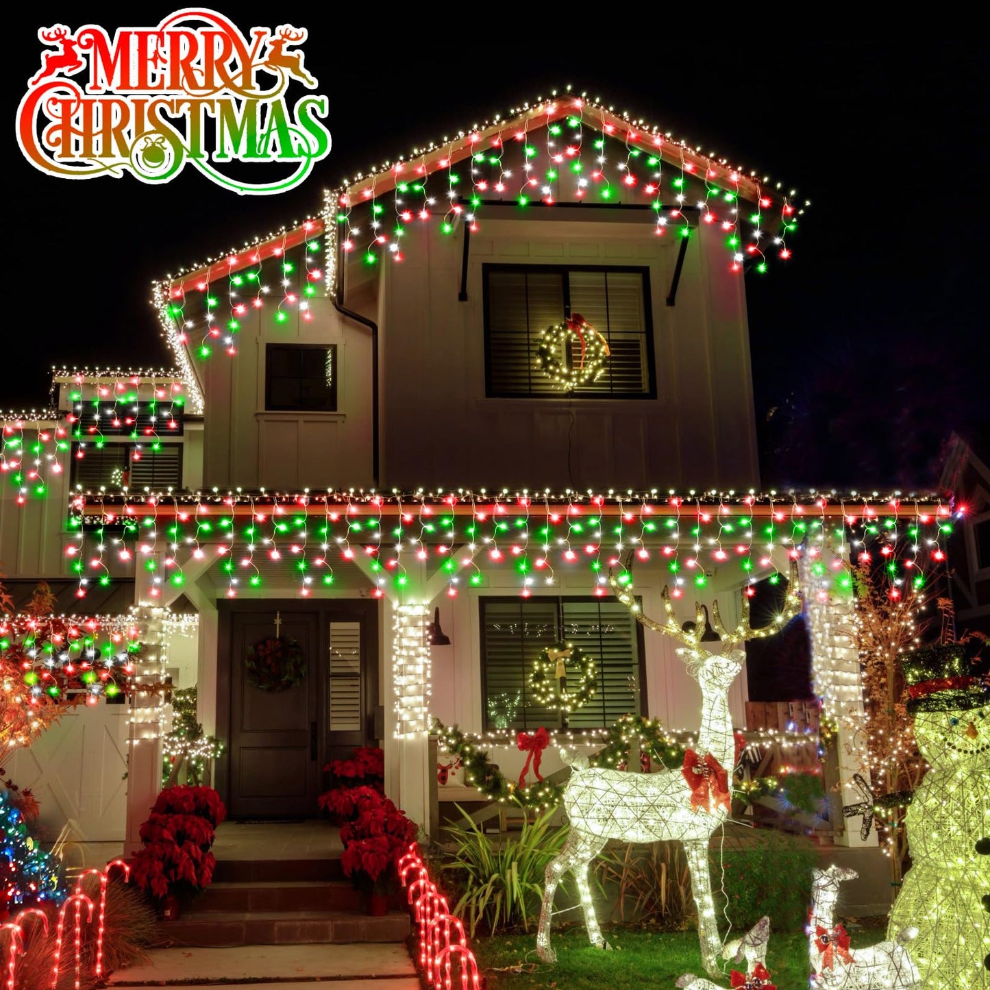 Christmas Lights Outdoor  2 Pack Total 98Ft 960 Led Ice Lights For Outside With 180 Drops 8 Modes Timer Memory  Plug In Waterproof For Holiday Eaves Yard Roof Party Decor (Red Green And Cool White)