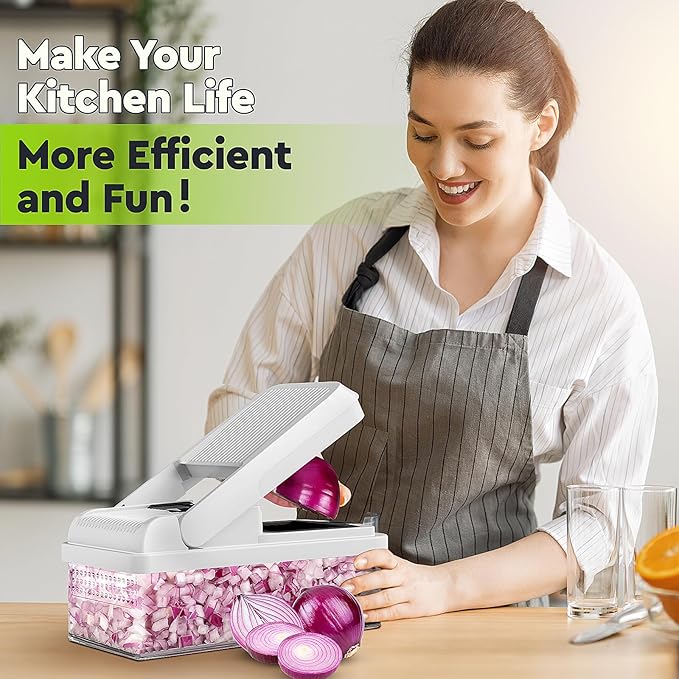 12-in-1 Vegetable Chopper, 7 Blade Veggie Chopper, Practical Food Chopper with Container, Cheese Grater, Home Essentials & Kitchen Gadgets(Black/White)