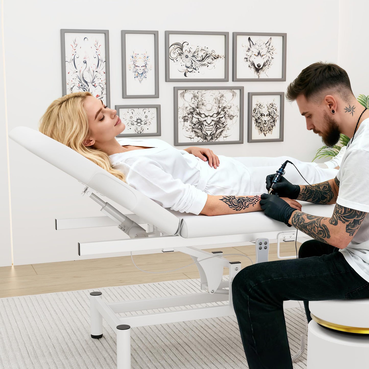 Professional Electric Massage Table, 2 Motors Hydraulic Electric Lift Adjustable Backrest and Height Lifting Functions for Treatment/Physical Therapy/Spinal Massage/Facial Spa/Waxing/Tattooing - White