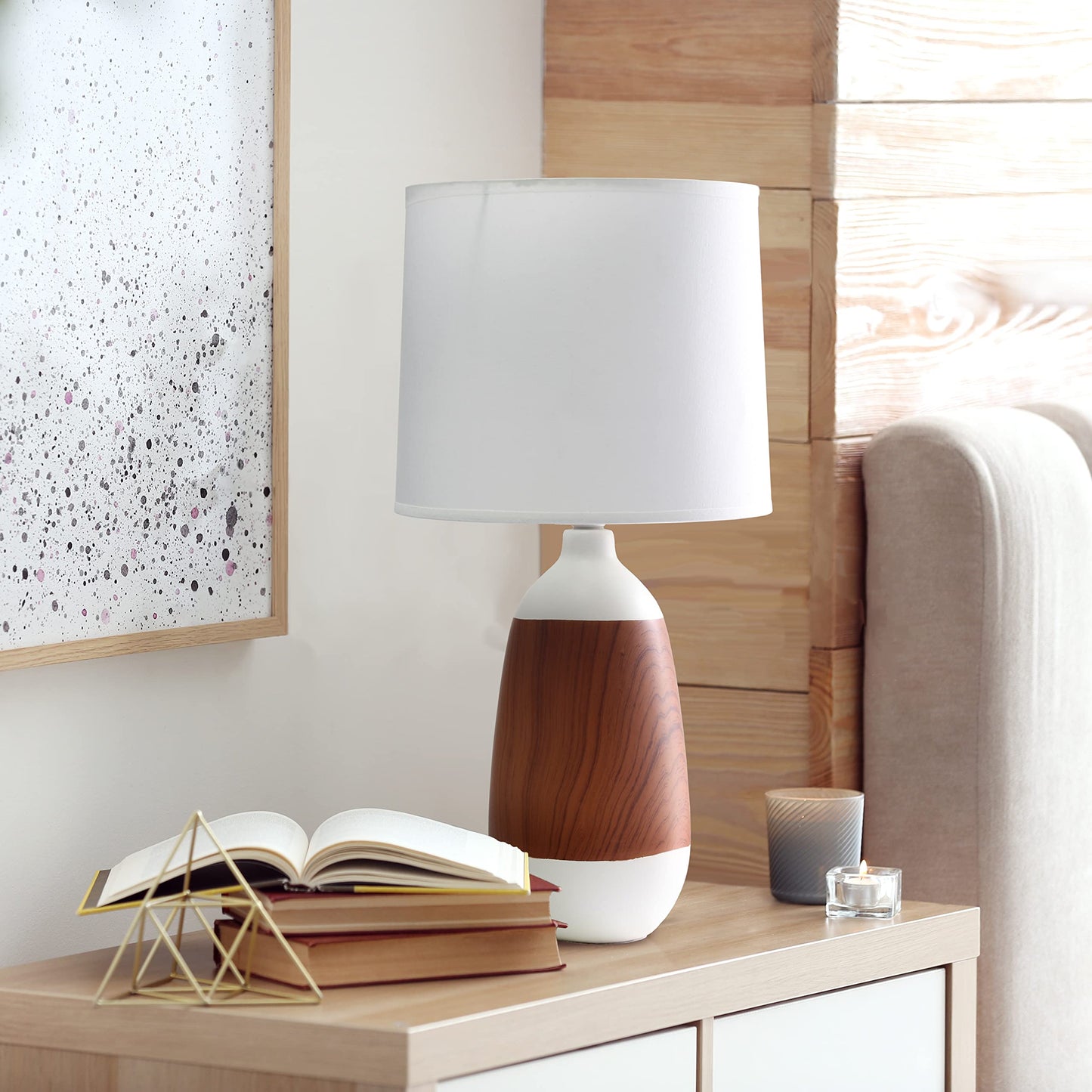 Simple Designs LT1117-OFF Ceramic Oblong Table Lamp, Dark Wood and Off White, 9.45inL x 9.45inW x 18.5inH