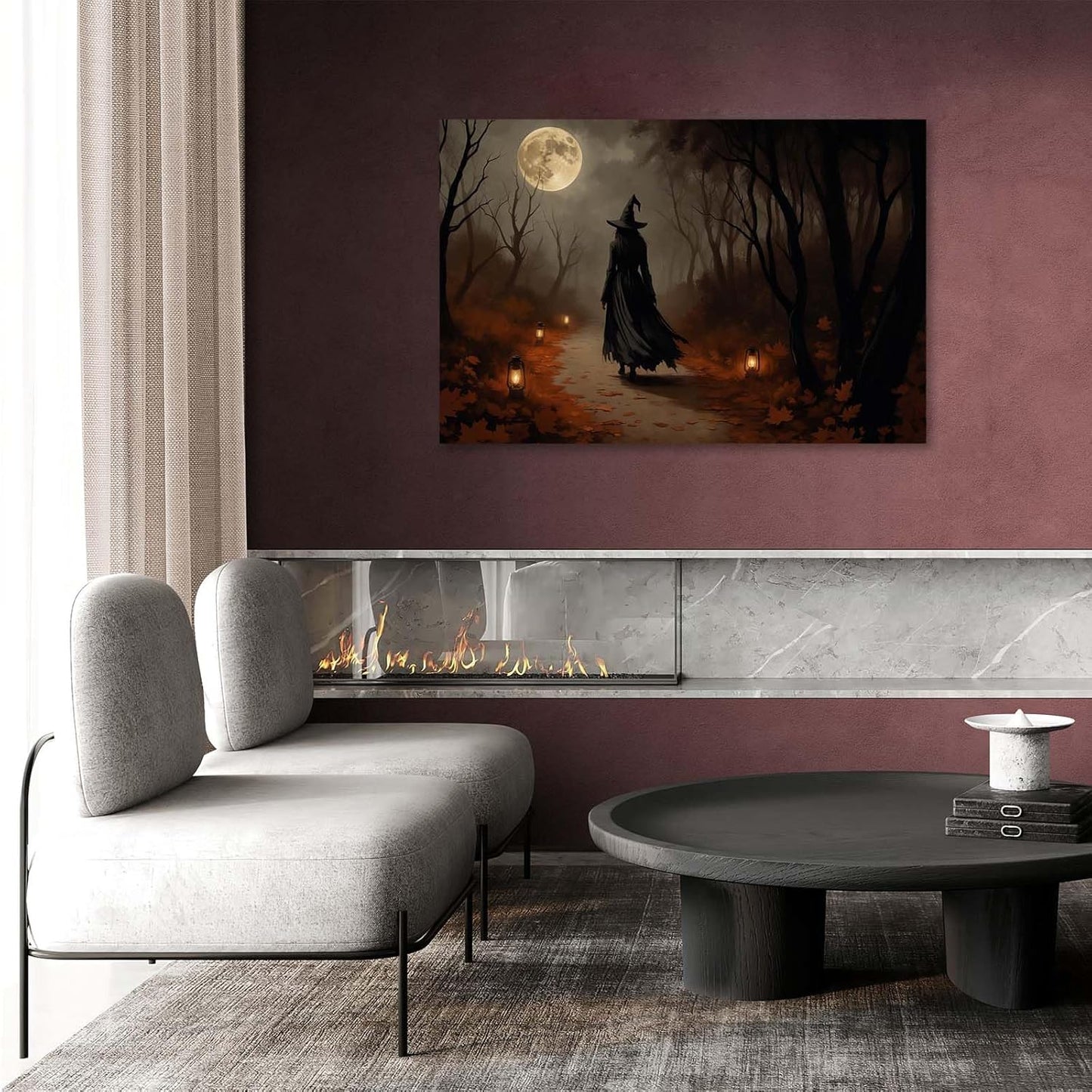 Moonlight witch poster dim lantern Halloween decoration Gothic style dark retro college style canvas wall art suitable for living room bedroom12x16in Wood Framed