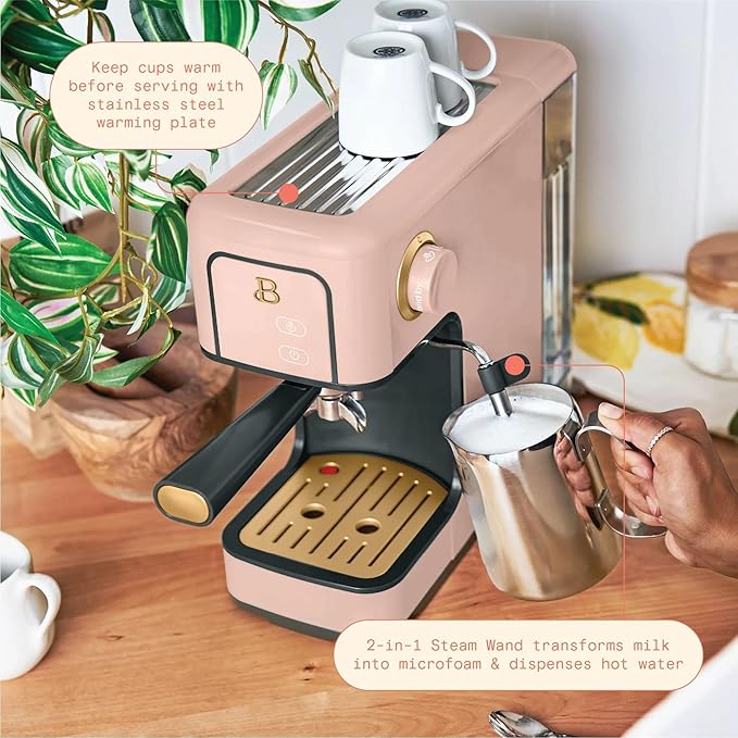 Beautiful 20-Bar Slim Espresso Machine | Single & Double Shot Programmable Brewing, Compact 4.7-in Width, Stainless Cup Warmer, Auto Shut-Off, 50 oz Tank (Rose)