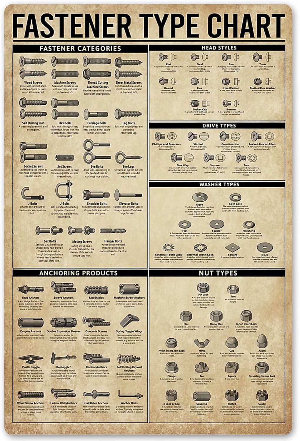 JIUFOTK Fastener Type Chart Posters Tool Knowledge Metal Signs Room Decor Popular Science Education Home Decor Wall Decor Plaque 8x12 Inches