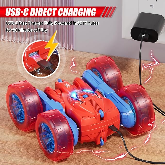 Spider Remote Control Car, 360° Stunt RC Cars for Kids Ages 6-12 Double-Sided Rotation, 4WD Cool Wheel Lights&2.4GHz Control; Rechargeable Electric Race Car Toys Gift for Boys Girls (Red&Blue)