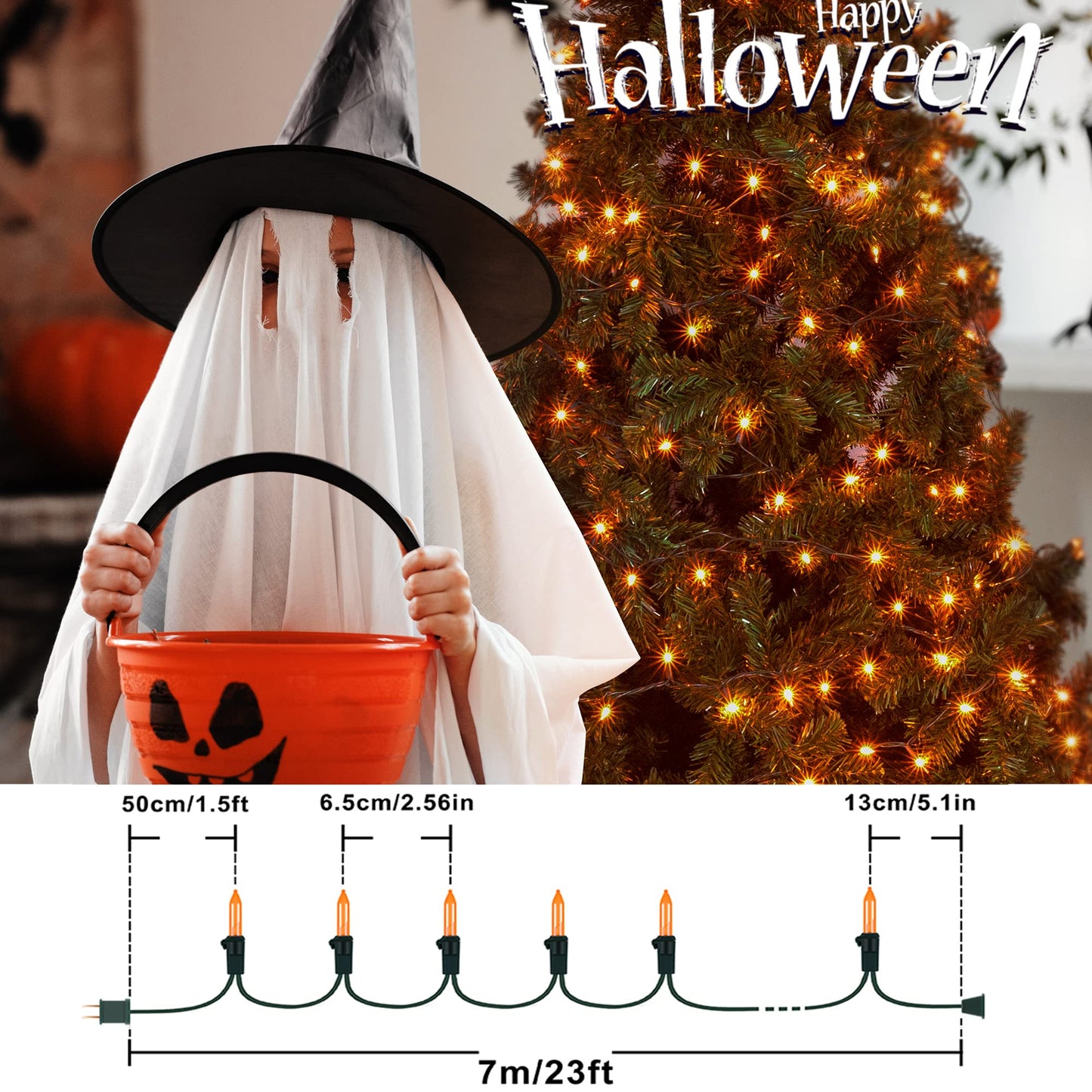Hopolon Orange Halloween String Lights, 2-Pack 50 LED, 13ft, Waterproof, Plug-in, Green Wire, Ideal for Thanksgiving Party Decor
