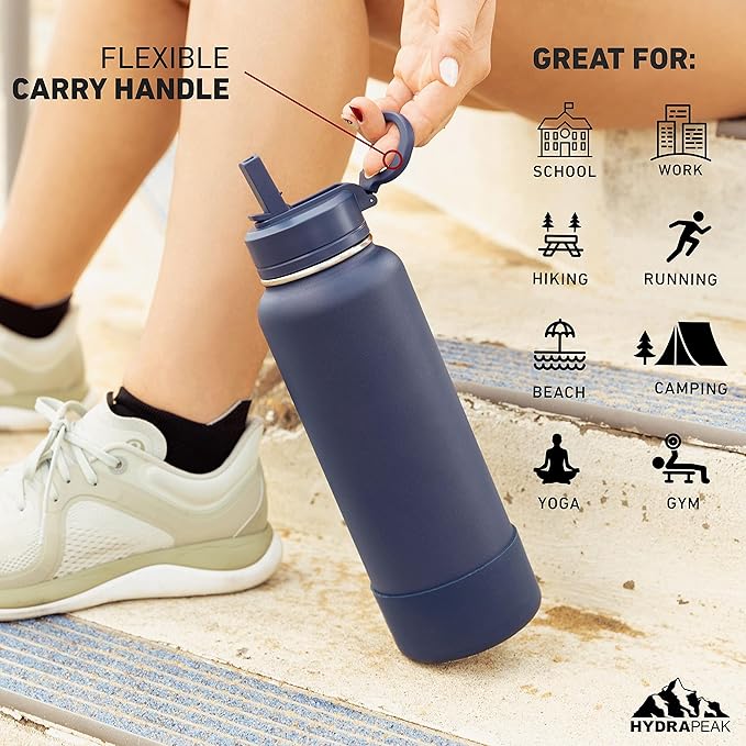 Hydrapeak 26oz Sport Insulated Water Bottle with Straw or Chug Lid, Leak & Spill Proof, Keeps Drinks Cold for 24 Hours, Hot for 12 Hours, Premium Stainless Steel Water Bottles (26oz, Modern Blue)