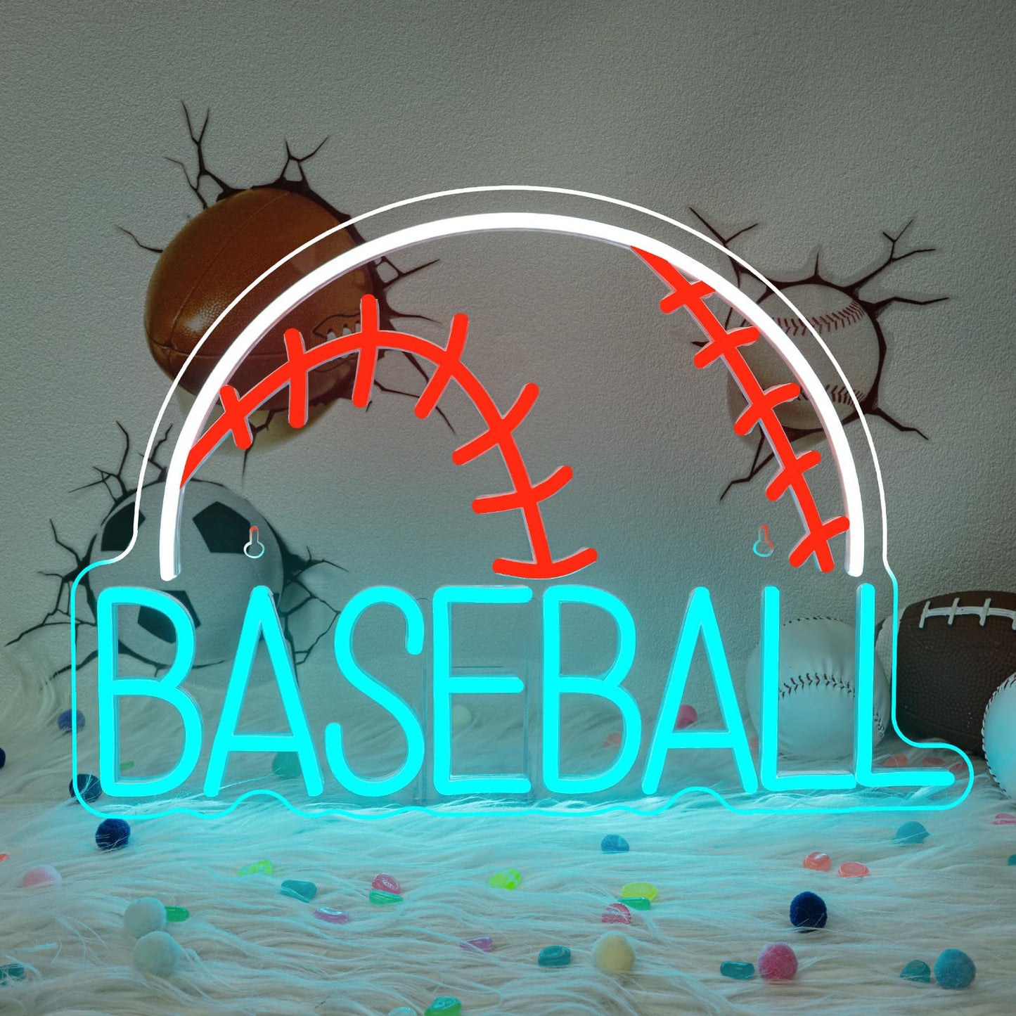 Wanxing Led Neon Baseball Sign - Blue Usb Powered Wall Decor Light For Kids, Living Room, And Shop - Stylish Red, White, And Blue Design