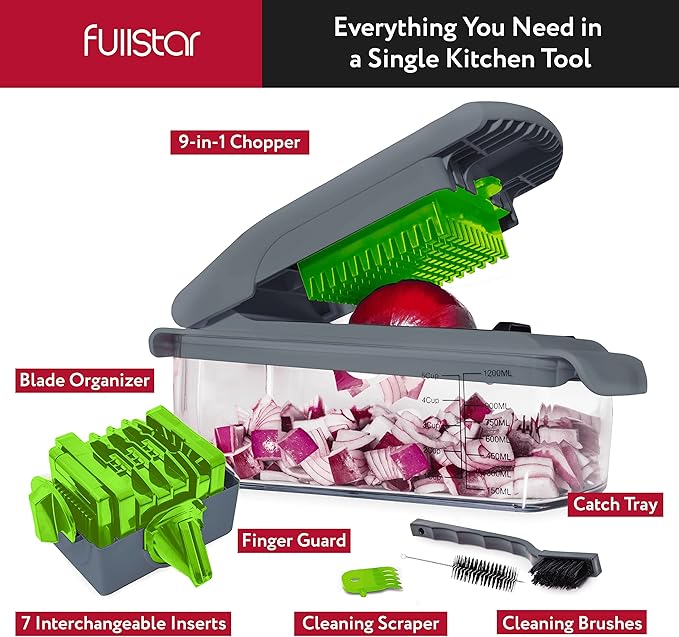 Fullstar Vegetable Chopper - Food Chopper - Onion Chopper - Vegetable Slicer & Spiralizer - Veggie Chopper with Container - Kitchen Gadgets - Home Essentials - Kitchen Accessories (9 in 1, Gray/Green)