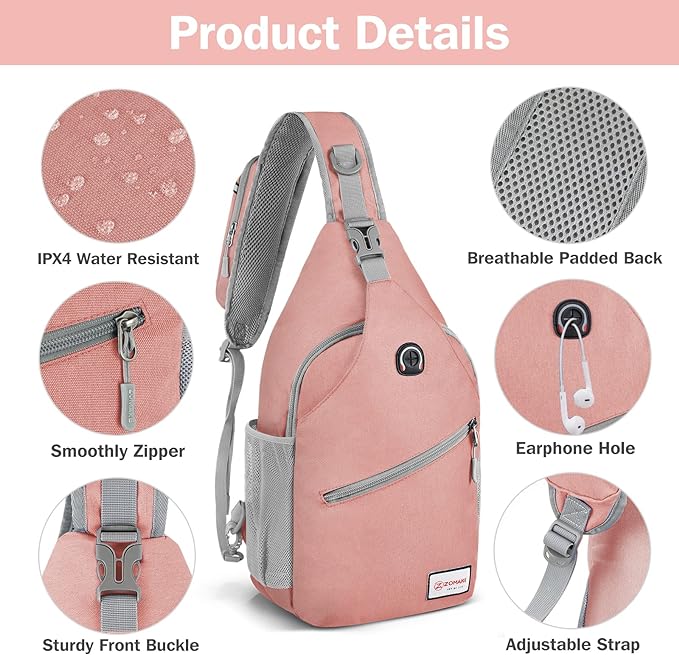 ZOMAKE Sling Bag for Women Men, Small Crossbody Sling Backpack, Mini Water Resistant Shoulder Daypack for Travel, Anti Thief Chest Bag for Hiking, Sports, Pink(new)