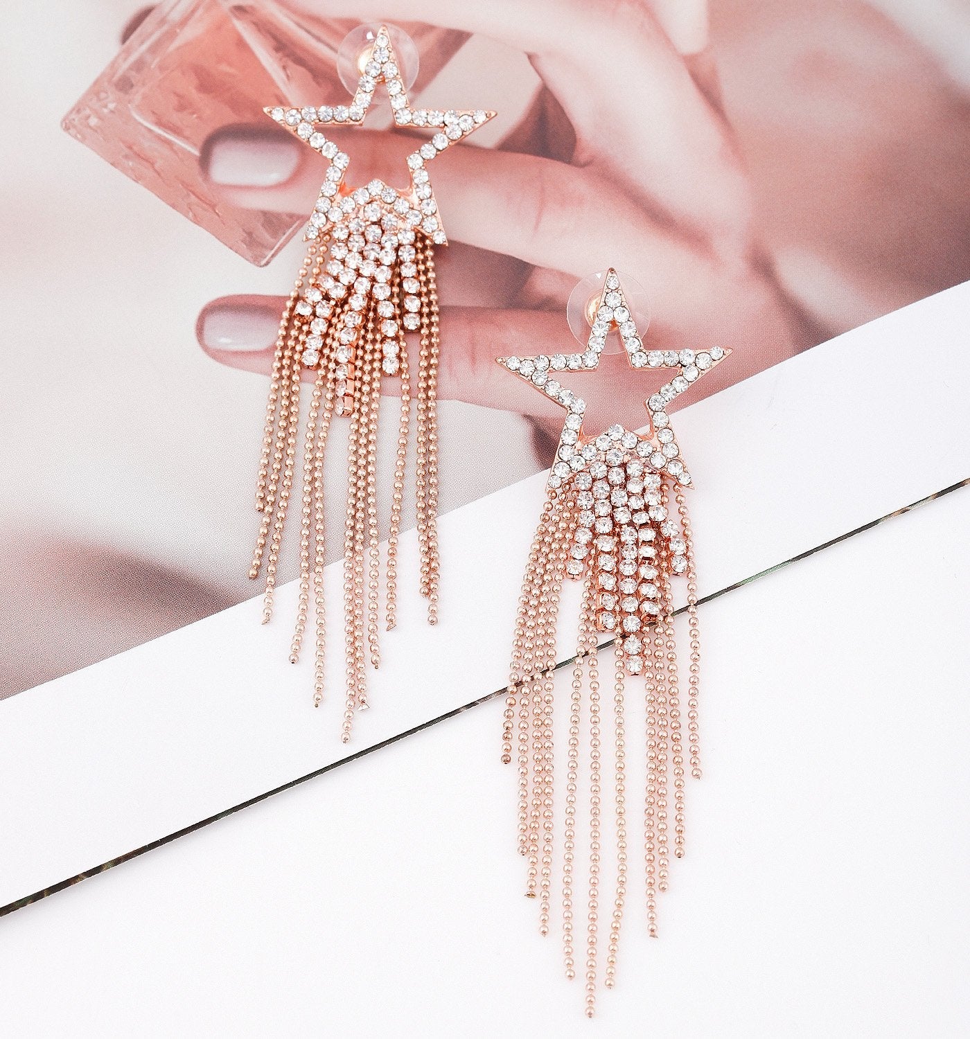 Womens Tassel Earrings Star Ear Stud Pave Crystal Dangle Earrings Boho Waterfall Beaded Fringe Drop Earring (rose)