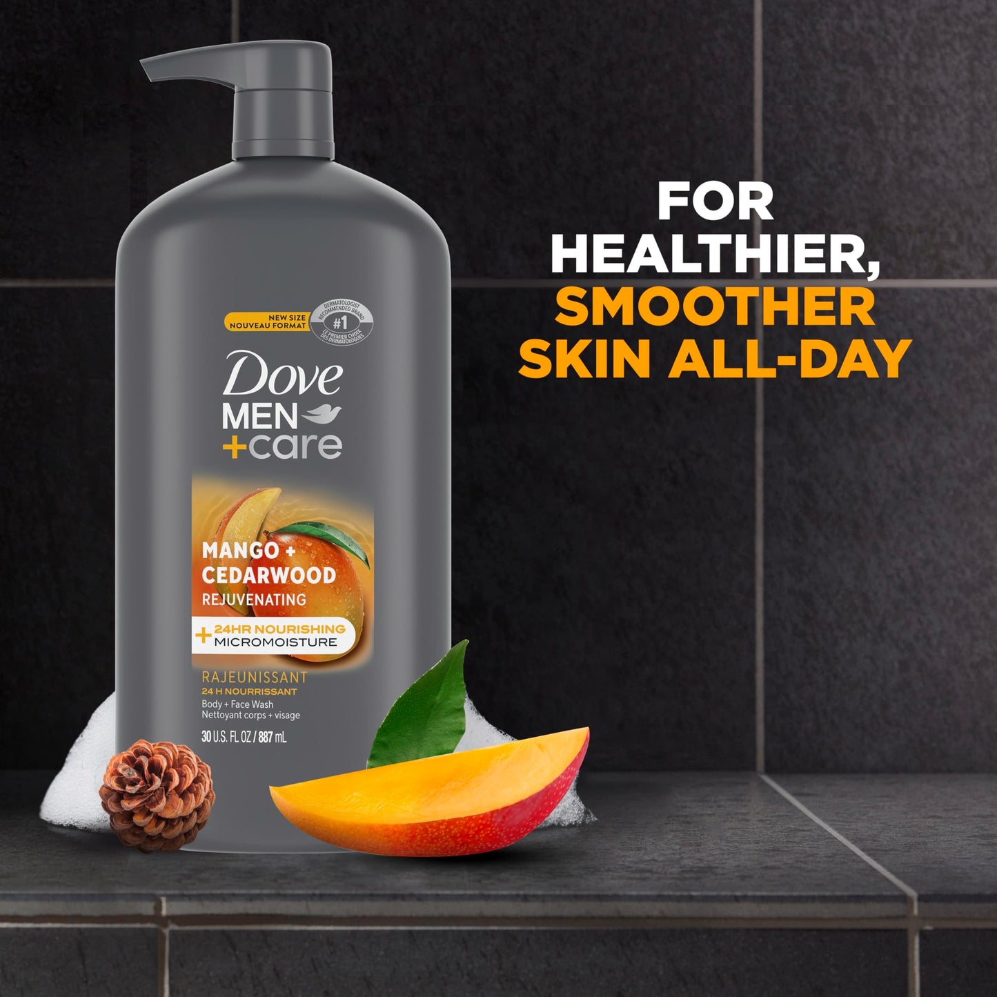 DOVE MEN + CARE Body and Face Wash Rejuvenating Mango + Cedarwood 3 Count for Men, with 24-Hour Nourishing Micromoisture Technol
