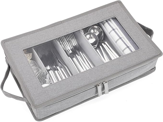 Flatware Utensil Storage Case, Grey Silverware Storage Box Chest with Adjustable Dividers, Removable Cutlery Storage Holder with Zipper Lid for Organizing Spoon/Flatware/Knives