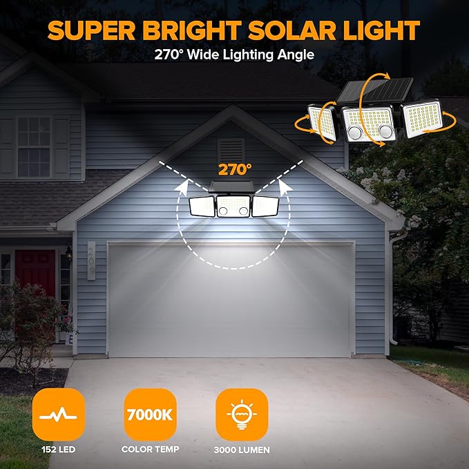 UME Solar Outdoor Lights - 3000 Lumen, 7000K, 152 LED Super Bright Motion Sensor Flood Lights with 2 Sensors, IP65 Waterproof, 270 Wide Angle, 3 Modes for Garden & Patio