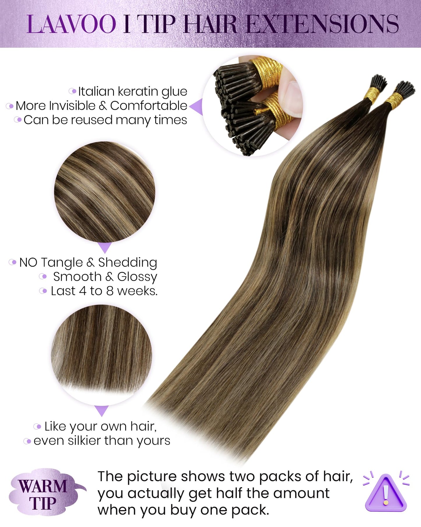 LaaVoo Itip Human Hair Extensions Balayage I Tip Hair Extensions Real Human Hair Medium Brown with Caramel Brown Itip Hair Exten