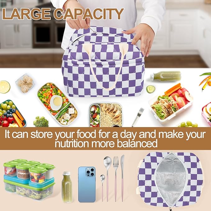 Cotton Quilted Insulated Lunch Bag, Cute Quilted Floral Lunch Tote Bags Reusable Insulated Lunch Box Coquette Aesthetic Large Capacity Insulated Cooler for Women Work Travel Picnic (Checkered Purple)