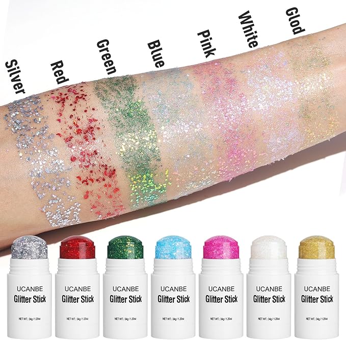 UCANBE Green Body Glitter Stick for Singer Concerts Music Festivals, Face Glitter Makeup for Face Body Hair Eyes & Lips, Chunky Glitter Sparkling Mermaid Sequins for Women 1.2OZ