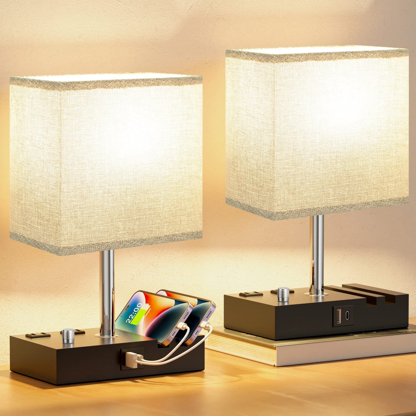 Kakanuo Bedside Lamps Set Of 2, Fully Dimmable Grey Wooden Table Lamps With Usb C Ports And Phone Stand, Bulb Included