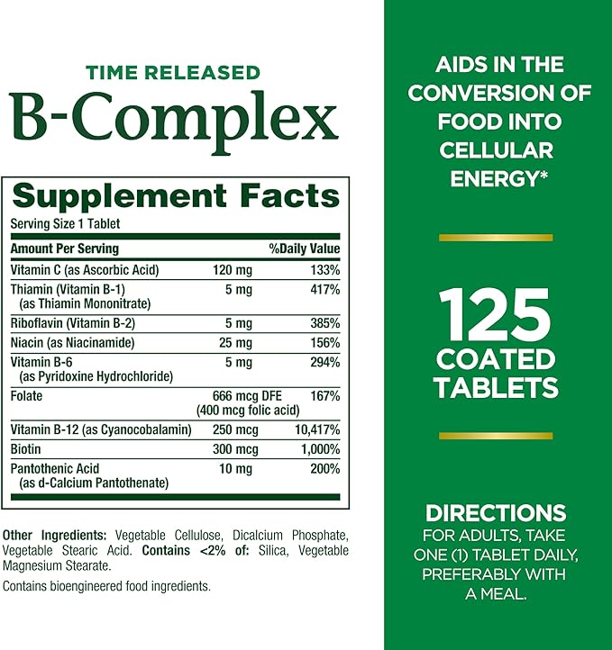 Nature's Bounty Vitamin B-Complex, Time Released Supplement with Folic Acid Plus Vitamin C, Supports Energy Metabolism and Nervous System Health, 125 Count