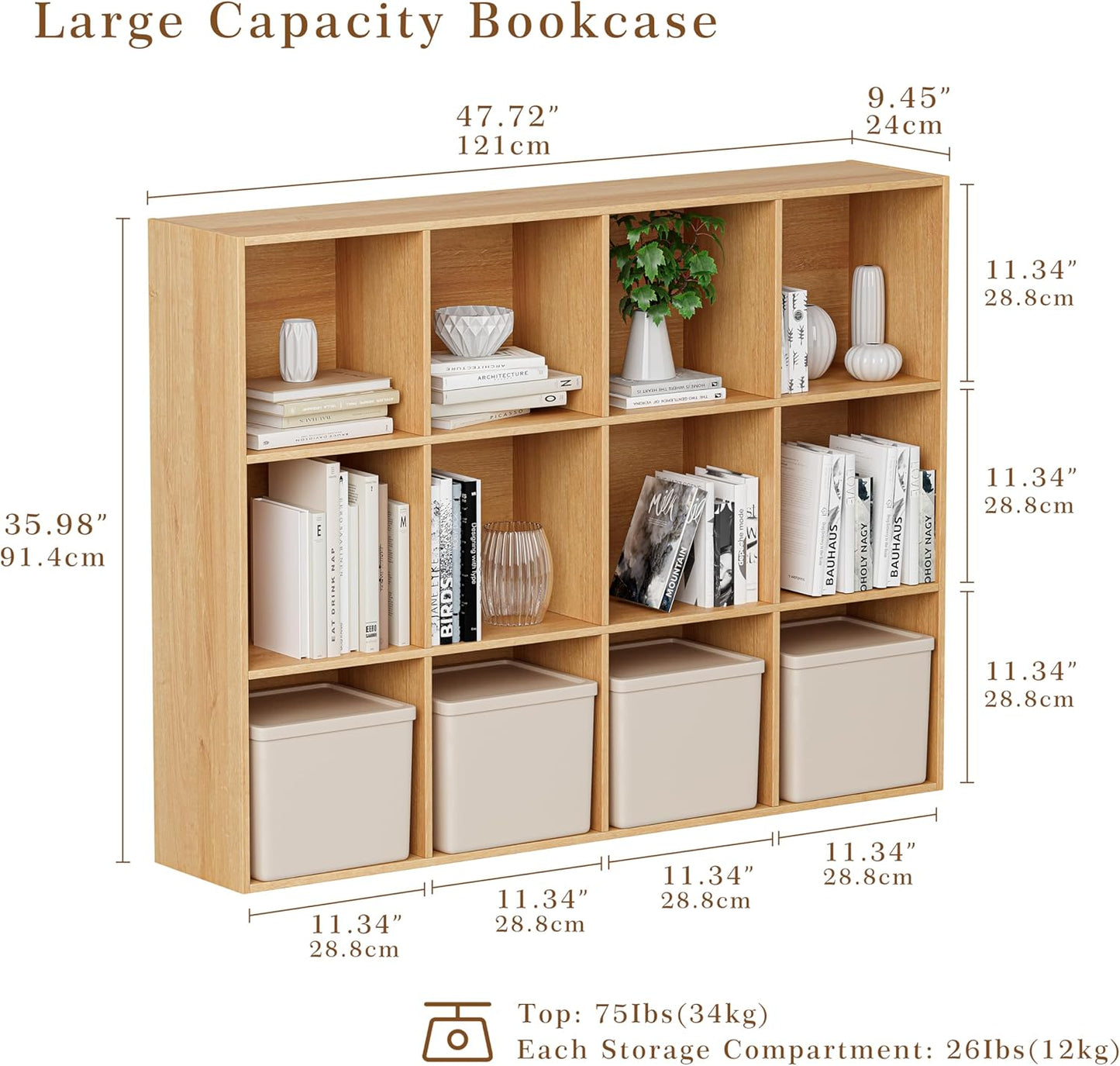 Wooden Cube Storage Organizer with Closed Back Panel, 11in Cube Shelf Opening, Bookshelf, Display Shelf,Closet Cabinet for Home and Office (Natural Oak, 12-Cube 35.98L*9.45W*47.72H)
