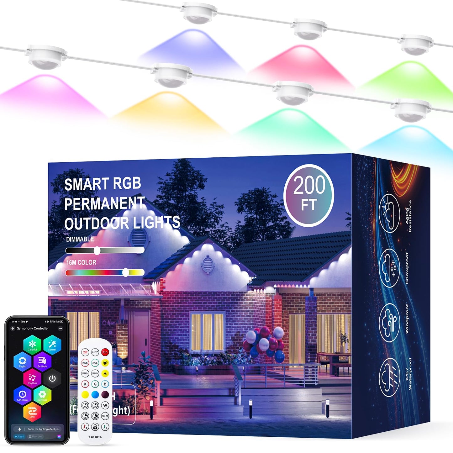Joh Permanent Outdoor Lights  200Ft Rgb+Ic Smart Led Outdoor Lights With App/Remote Control  Diy Scene Modes Lighting & Ip67 Waterproof  Eaves Light For Christmas  Holiday  Daily Decorations
