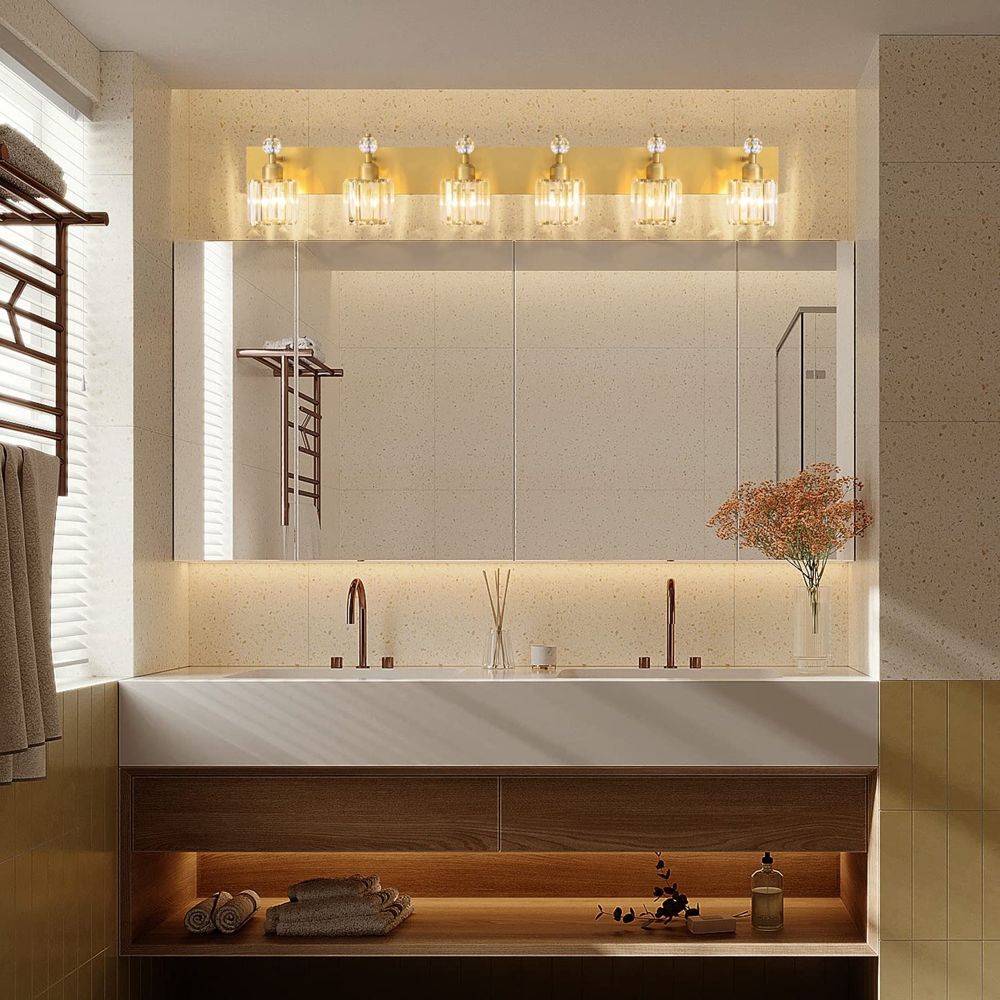 PRESDE 6-Light Bathroom Vanity Light Modern Gold Crystal Fixtures Over Mirror, Stainless Steel, Gold Finish