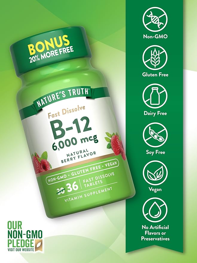 Nature's Truth B12 Vitamin 6000 mcg | Methylcobalamin | 36 Tablets | Fast Dissolve Natural Berry Flavor | Vegan, Non-GMO & Gluten Free