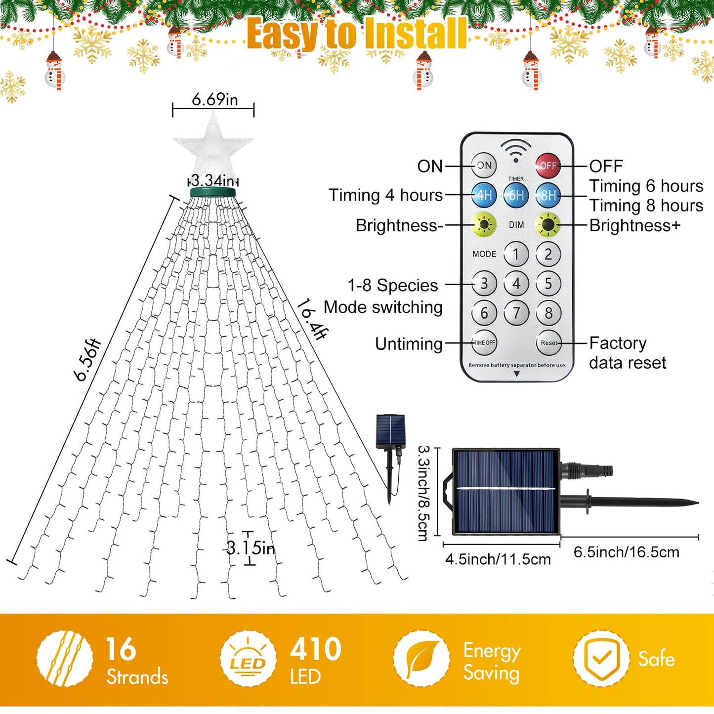 Amipepe Solar Christmas Tree Lights With Star Topper  410 Led 6.6Ft X 16 Lines Christmas String Lights With 8 Models Timer Remote  Waterfall Tree Lights Usb Powered For Xmas Tree  Warm White