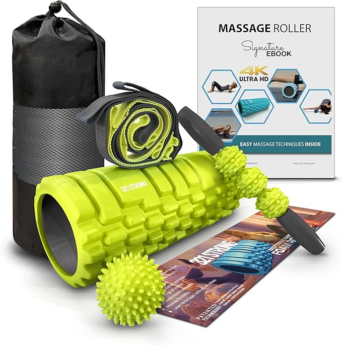 321 STRONG 5 in 1 Foam Roller Set with Hollow Core Deep Tissue Massager, Muscle Roller Stick, Stretching Strap, Spikey Pla...