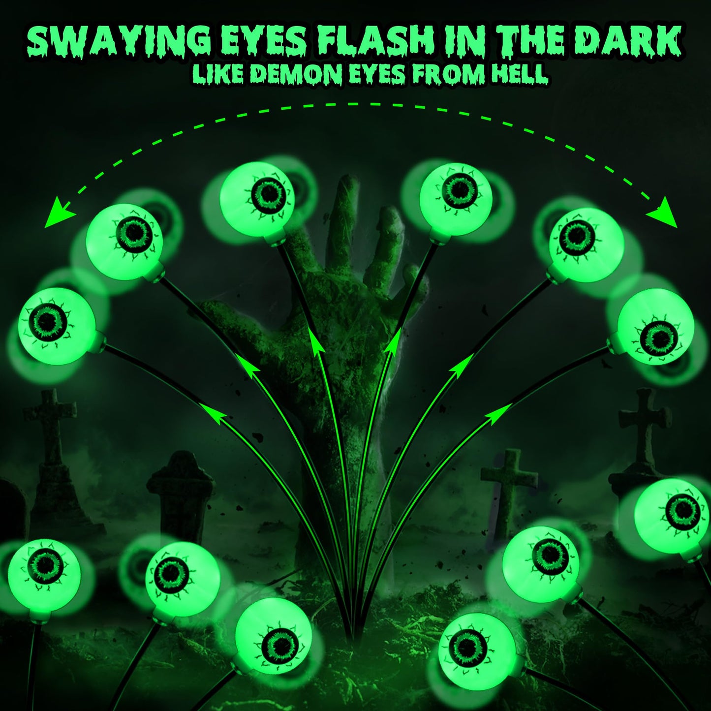 Brizlabs 8 Pack 48 Led Halloween Solar Lights  2 Modes Outdoor Halloween Eyeball Pathway Lights  Solar Spooky Light Waterproof  Green Swaying Firefly Lighting For Path Yard Garden Lawn