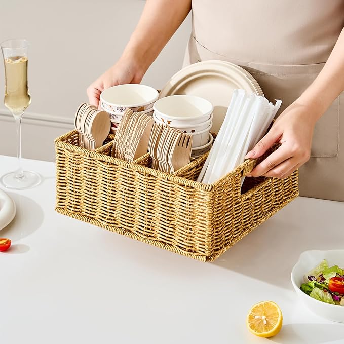 Utensil Holder for Party, Paper Plate Dispenser for Countertop, Silverware Caddy for Picnic, Cutlery Holder for Kitchen Camping Buffet, Wicker Basket with 6 Compartments