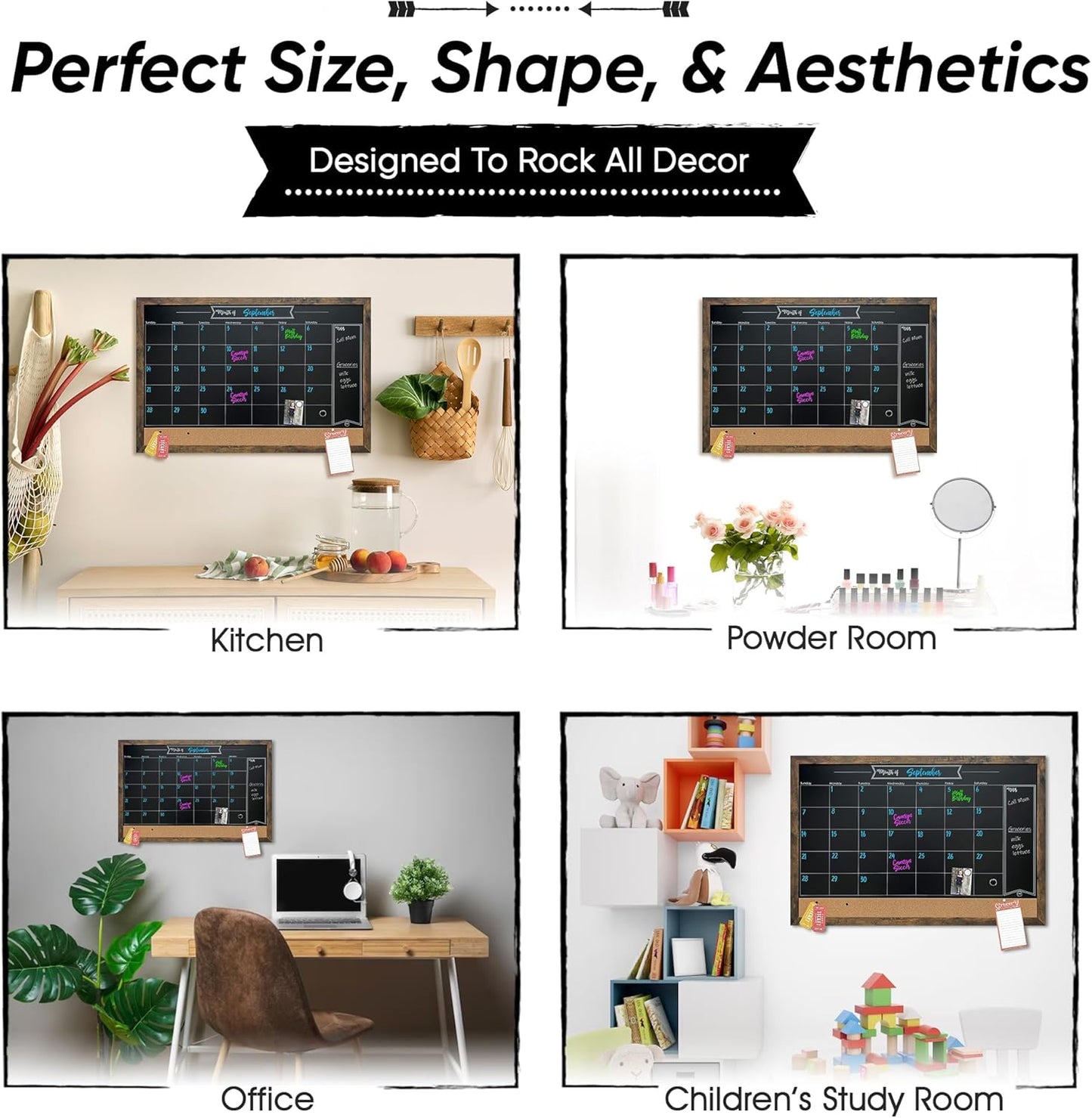 Loddie Doddie Rustic Framed Magnetic Chalkboard Calendar & Bulletin Board - 24 x 36 in Rustic Alloy Steel Frame - Cork Bulletin & Magnet Display - Kitchen & Wall Calendar Board