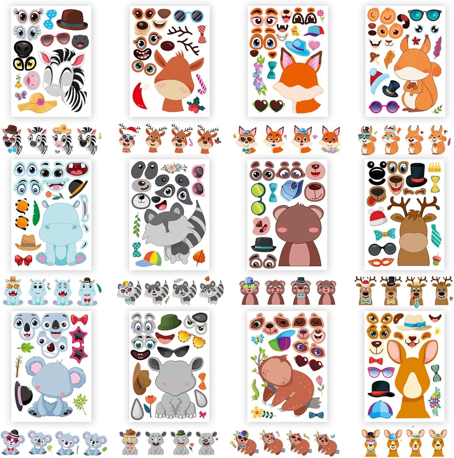 48 PCS Make a Face Stickers Sheets for Kids, Make Your Own Animal Mix and Match Stickers Sheets, Cute Animal Sticker for Birthday Party Favors Supplies Teacher Reward