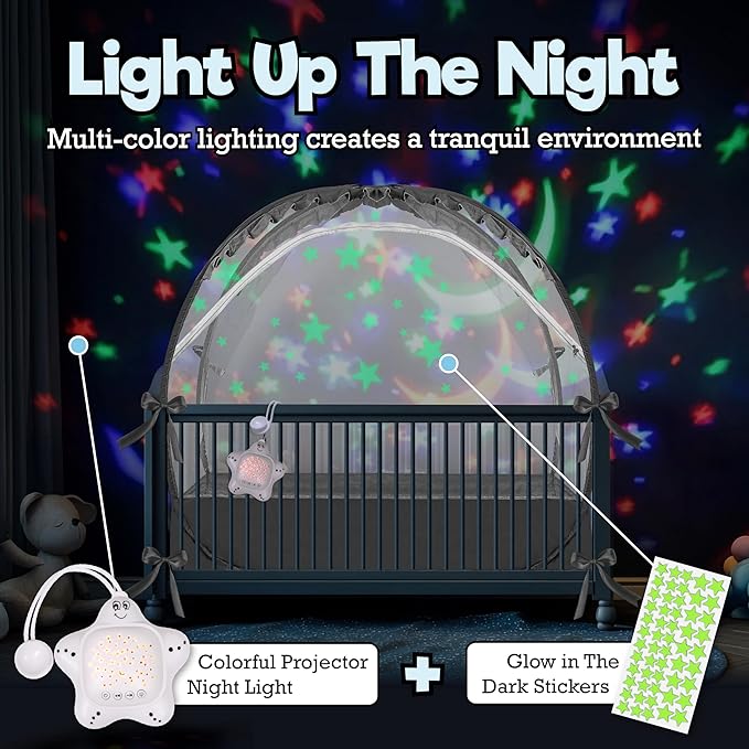 Baby Crib Tent - Toddler Bed Tent w/White Noise Machine, Wide Zipper Opening - Easy Setup Crib Cover w/Glow in The Dark Stickers & Custom Multi Color Light, Breathable Mesh Cribs Net (Gray)
